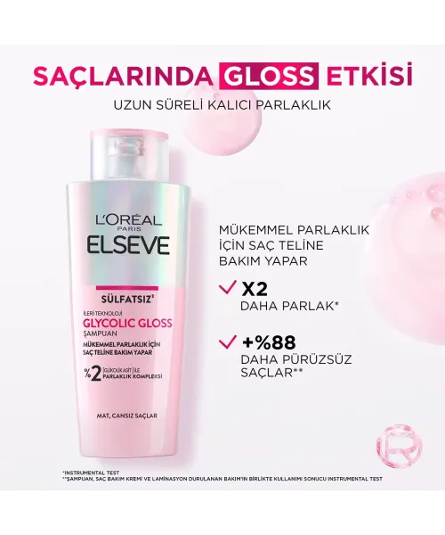 L'Oreal Paris Elseve Glycolic Gloss Mükemmel Parlaklık için Bakım Yapan Şampuan 200 ml